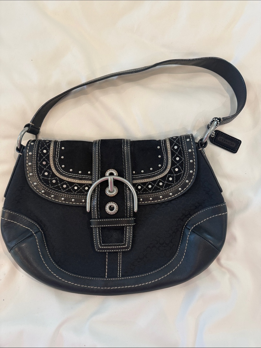 Vintage Coach Black Leather & Suede Buckle Shoulder bag y2K